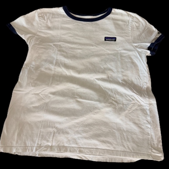 Patagonia Ladies White Short Sleeve T Shirt with Navy Trim L - Picture 1 of 4